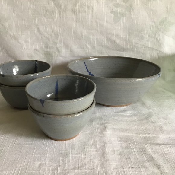 Vintage 80s Set of 5 Pottery Bowls Artist Signed Abstract Paint Glazed - Picture 5 of 9
